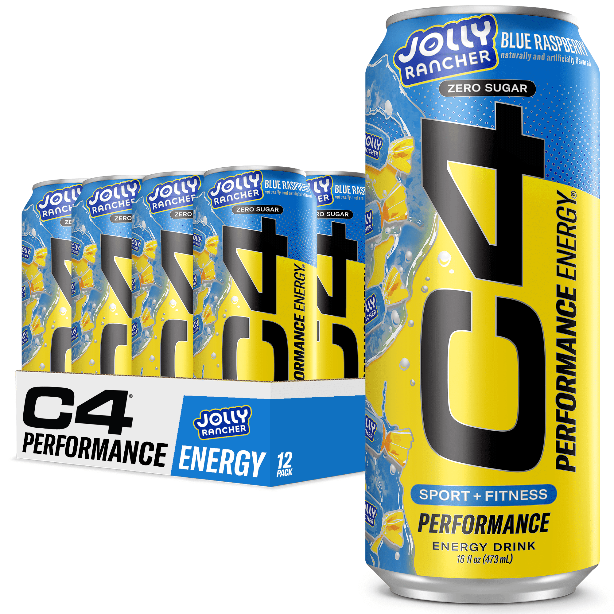 Cellucor C4 Performance Energy Drink, Jolly Rancher Blue Razz Flavor, Zero Sugar, Carbonated, 16 oz can (12 Pack)