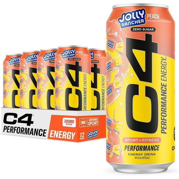 C4 Performance Energy Drink, Jolly Rancher Peach Flavor, 16oz cans (12pk)