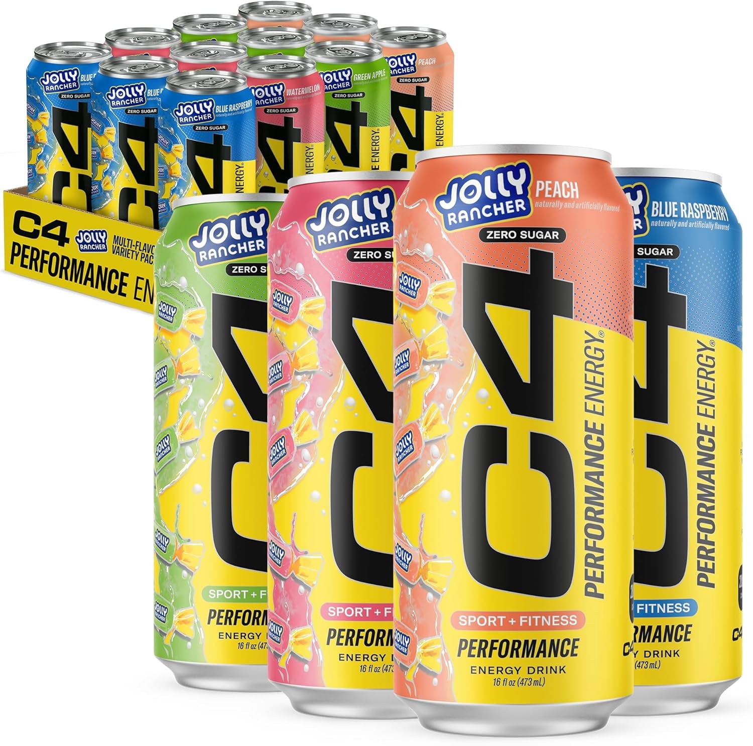 C4 Performance Energy Drink, Jolly Rancher Variety Pack Flavor, 16 oz cans (12 pack)