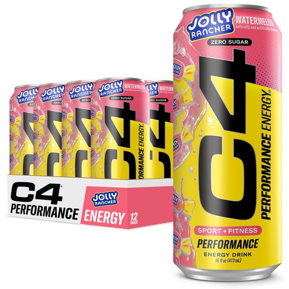 C4 Performance Energy Drink Jolly Rancher Watermelon 16 oz Cans, 12 Pack Zero Sugar Pre Workout Beverage
