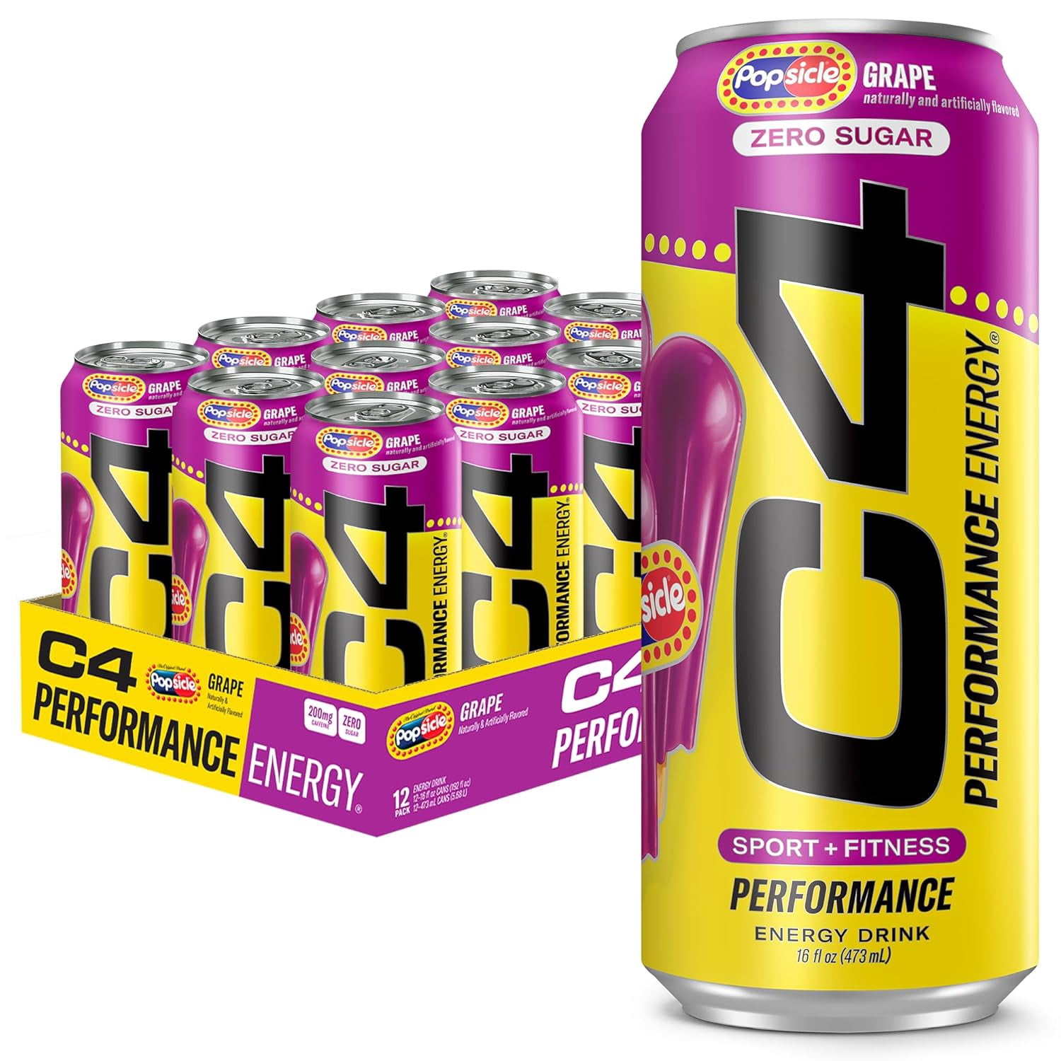 C4 Performance Energy Drink, Grape Popsicle, 16oz, 12 Pack Cans