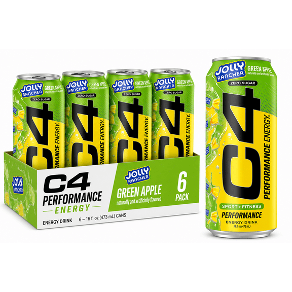 C4 Performance Energy Jolly Rancher Green Apple Zero Sugar Energy Drink, 6-Pack, 16 fl oz Cans