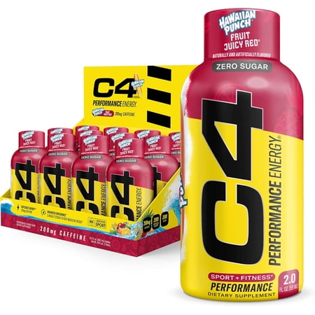 C4 Performance Energy Shot, 200mg Caffeine, Zero Sugar, High-Performance Energy for Pre-Workout, Endurance, and Focus, Fruit Juicy Red, 2oz (Pack of 12)