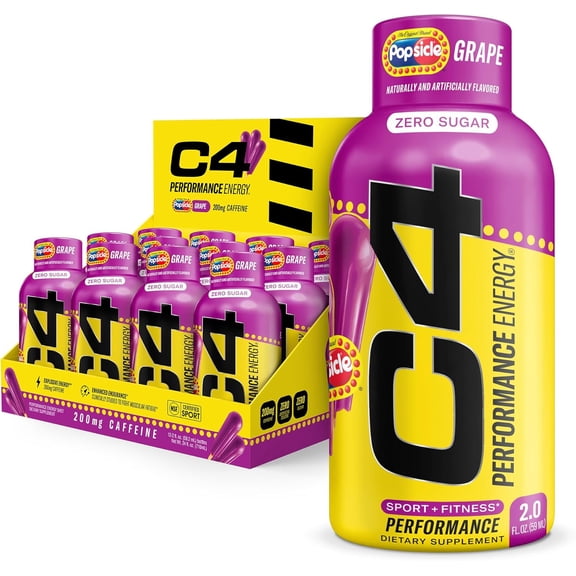 C4 Performance Energy Shot, 200mg Caffeine, Zero Sugar, High-Performance Energy for Pre-Workout, Endurance, and Focus, Grape Popsicle, 2oz (Pack of 12)