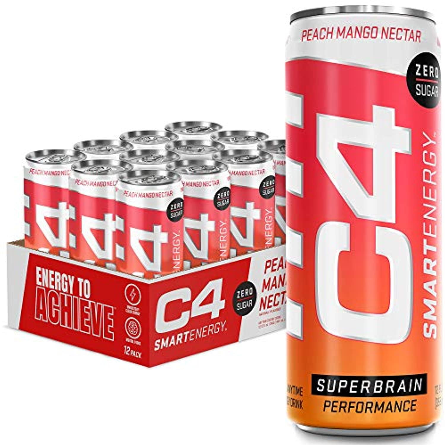 C4 Smart Energy Drink - Sugar Free Performance Fuel & Nootropic Brain  Booster With No Artificial Colors Or Dyes | Peach Mango Nectar 12 Oz - 12  Pack