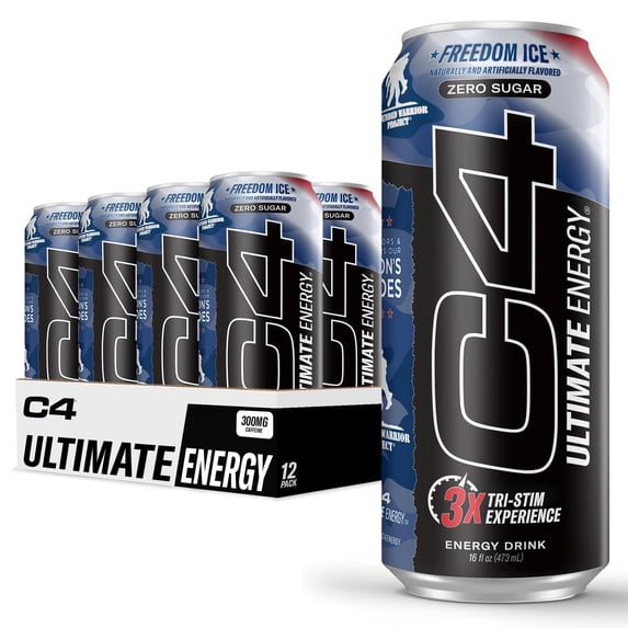 C4 Ultimate x Wounded Warrior Project Pre Workout Sugar Free Energy Drink Tri-Stim Experience with 300mg Caffeine + TeaCrine + Dynamine Freedom Ice 16oz Pack of 12
