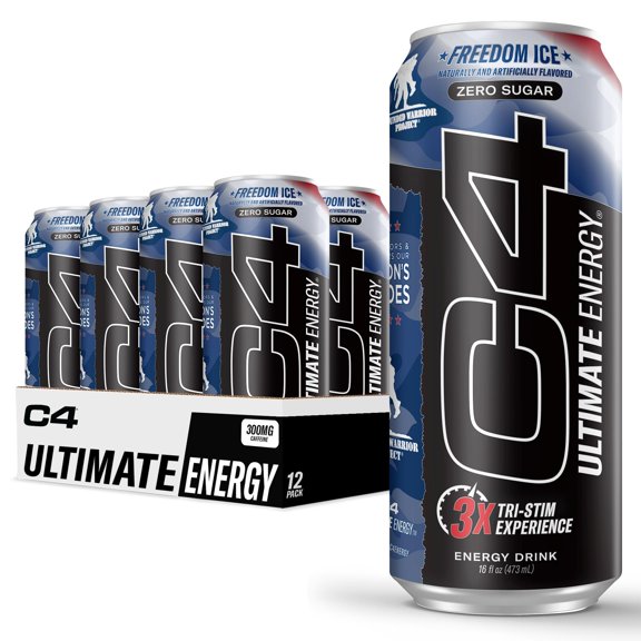 C4 Ultimate x Wounded Warrior Project Pre Workout Sugar Free Energy Drink Tri-Stim Experience with 300mg Caffeine + TeaCrine + Dynamine Freedom Ice 16oz Pack of 12