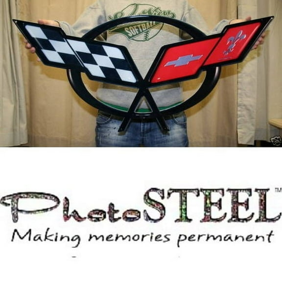 C5 Corvette Crossed flag Wall Emblem Large Metal Art 97-04 Full 32" by 15" in size Cross Flag