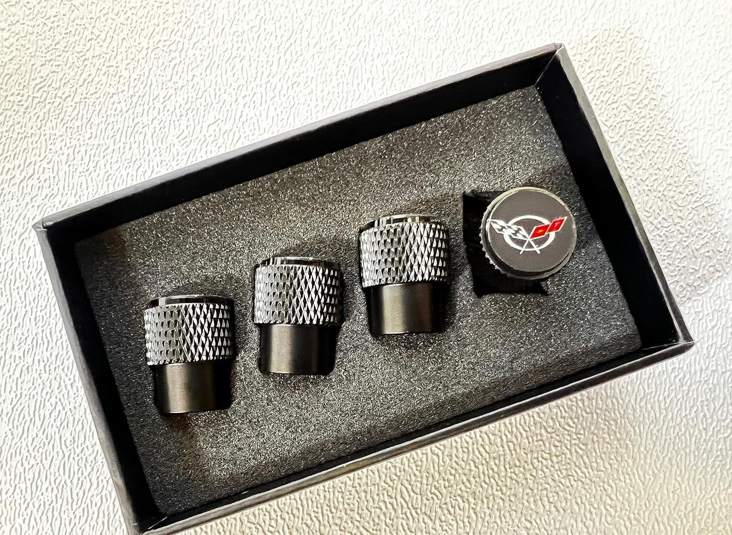Eurosport Corvette C5 Logo Black Valve Stem Caps - Knurled