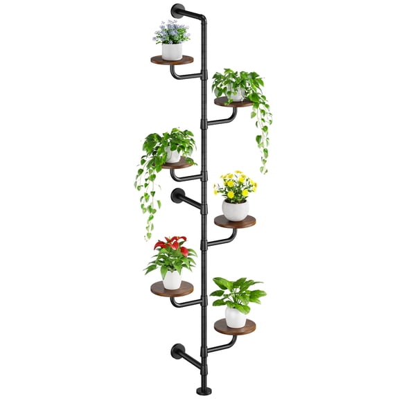 C5 Rotatable Metal Wall-Mounted Plant Stand, 6-Tier Adjustable Indoor Flower Shelf for Window Corner Display, Space-Saving Tension Pole Plant Rack, 0–180° Swivel Design, Black