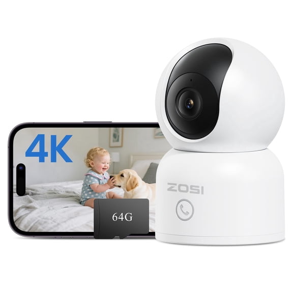 ZOSI 4K WiFi Pan/Tilt Indoor Security Camera, Plug-in IP Camera for Pet/Dog/Baby, Auto Tracking, AI Human/Face/Pet Detection, 360 View, Night Vision, 2-Way Audio, 5GHz/2.4GHz WiFi, 64G Memory Card