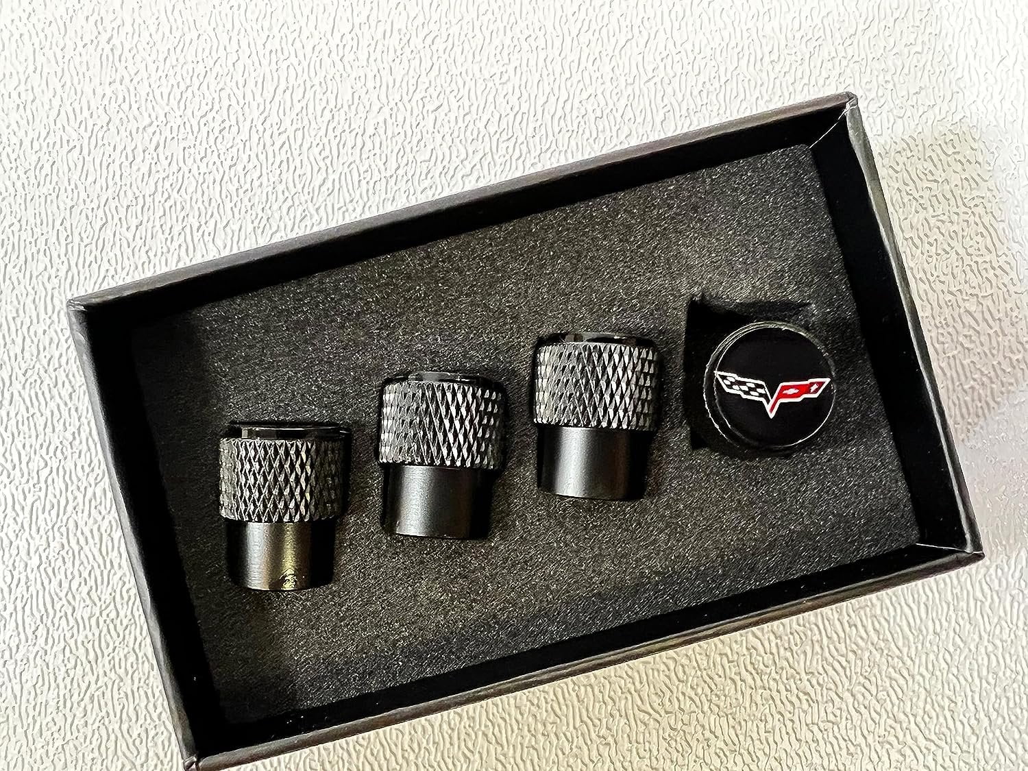 Eurosport Corvette C6 Logo Black Valve Stem Caps - Knurled