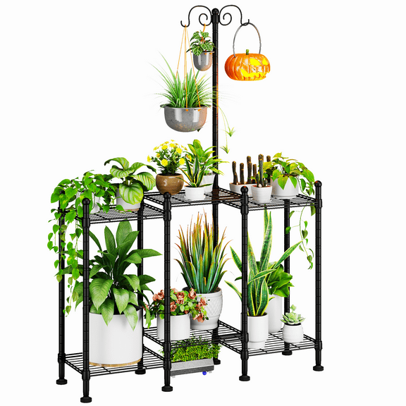 C6 6-Tier Indoor Outdoor Metal Plant Stand, Heavy Duty Flower Shelf for Balcony Patio Garden, 80 lbs Per Tier, 6 Combination Options, Rustproof Steel Plant Rack, 37"L x 11"W x 60"H