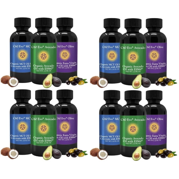 C60 Evo All-Natural Edible Oils, Mini Oil Sampler Set with Pure C60 ESS60, Immune Support and Joint Support Supplement with Olive Oil, Avocado Oil & MCT Coconut Oil, Set of 12, 2 Oz Each