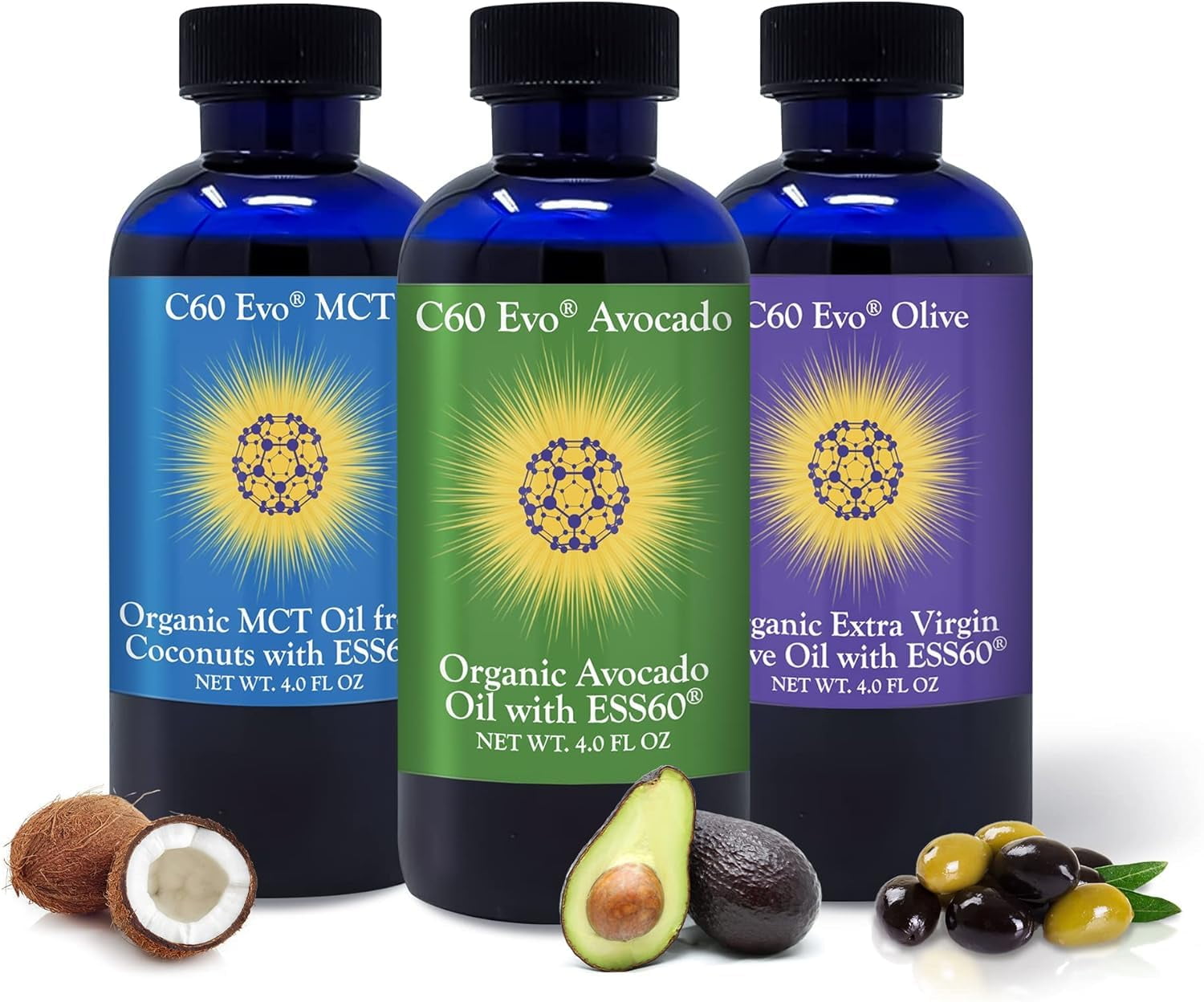 C60 Evo Organic Extra Virgin Olive Oil, Organic Avocado Oil & Organic MCT Oil | Pack of 3 Combo | 4 Fl Oz each