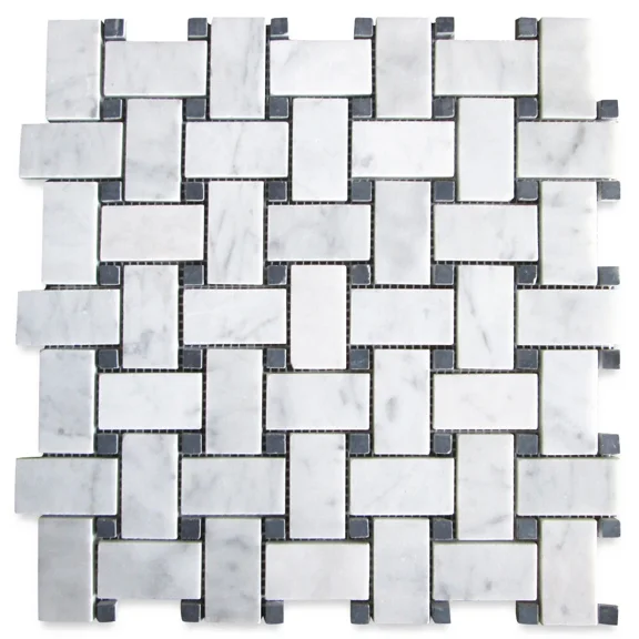 C651Xh Carrara Venato Marble Basketweave Mosaic Tile Black Dots Honed 1X2