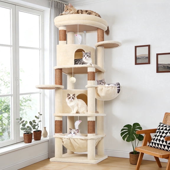 Globlazer 68" Large Corner Cat Tree Tower Condo for Cats with 6 Sisal Scratching Posts, 2 Condos, Hammock & Hanging Basket, Beige