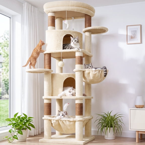 Globlazer 68" Large Corner Cat Tree Tower Condo for Cats with 6 Sisal Scratching Posts, 2 Condos, Hammock & Hanging Basket, Beige