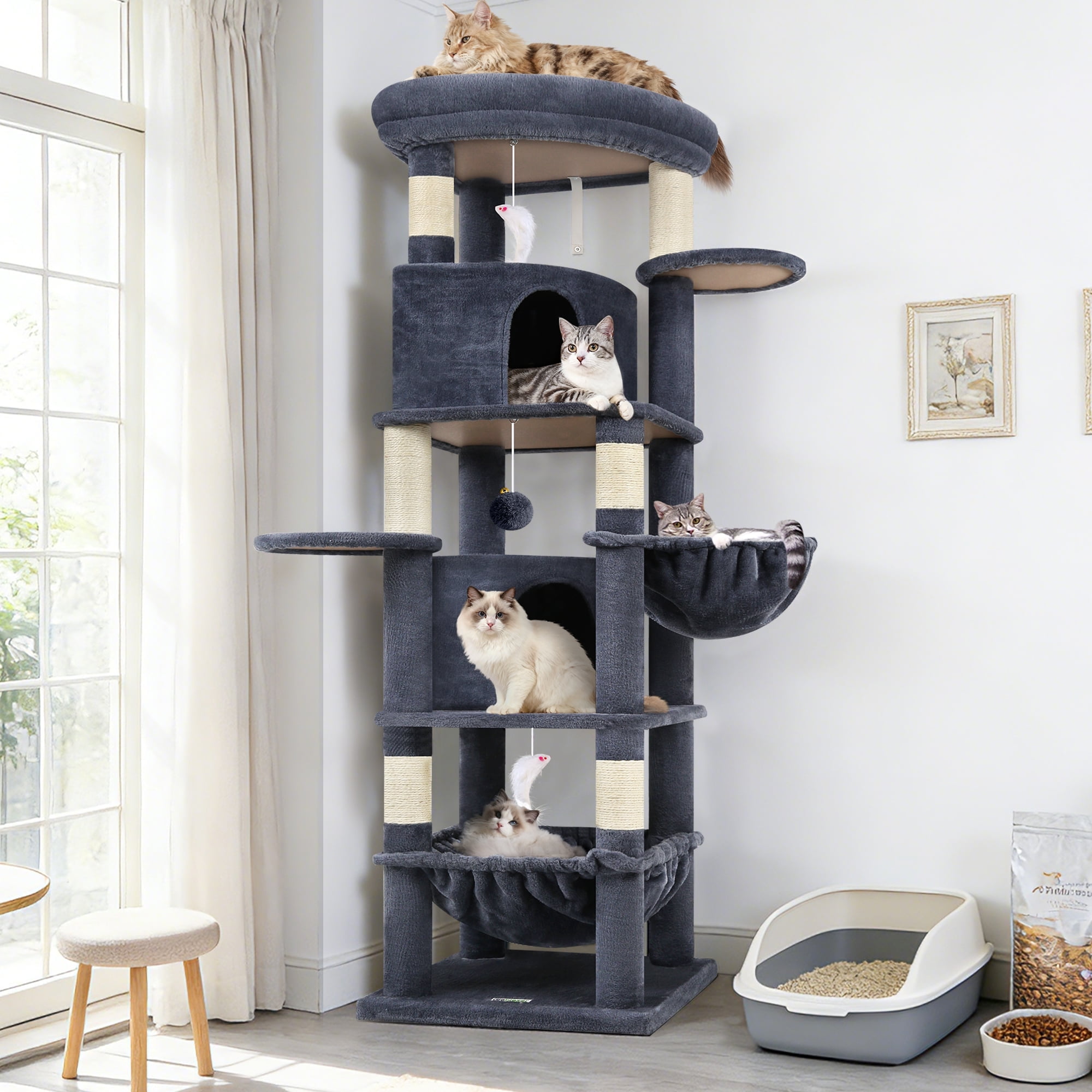 Globlazer 68" XL Corner Large Cat Tree Tower Condo with 6 Sisal Scratching Posts, 2 Condos, Hammock & Hanging Basket, Dark Gray