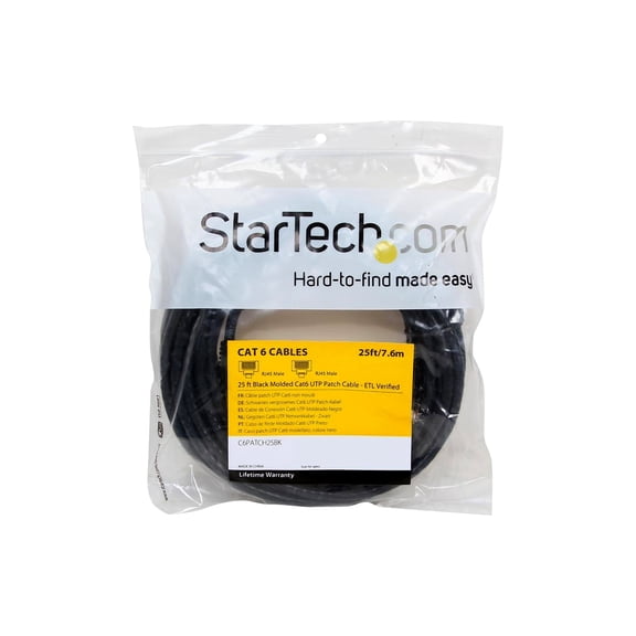 StarTech 25ft CAT6 Ethernet Cable - Black CAT 6 Gigabit Ethernet Wire -250Mhz 100W PoE RJ45 UTP Molded Network Patch Cord with Strain Relief (C6PATCH25BK)
