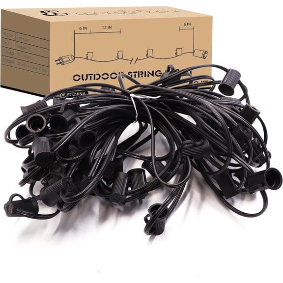 C7 Black Light String 50FT with E12 Christmas Light Sockets, 12" Spacing, C7 Outdoor Christmas Stringer Set String Lights for Wedding Patio Event Lighting Decor