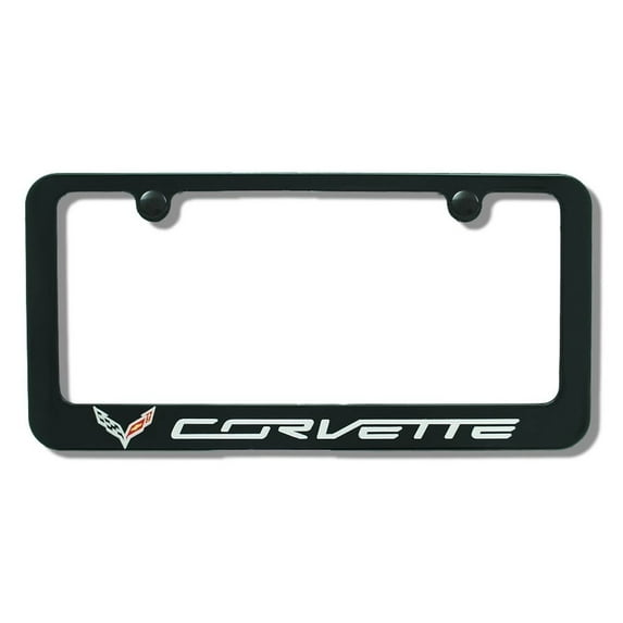 C7 Corvette Billet Aluminum License Plate Frame w/Crossed Flags Logo - Painted Gloss Black