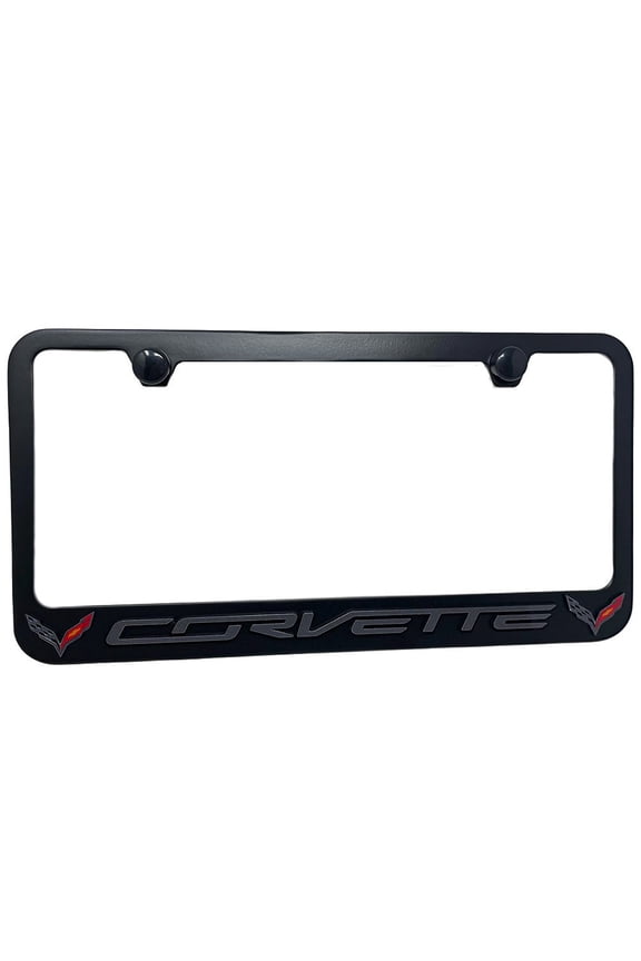 C7 Corvette License Plate Frame - Black with Black C7 Crossed Flags Logo