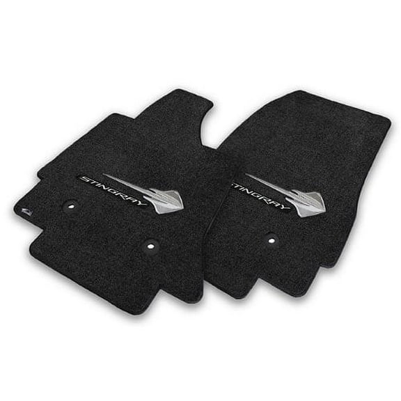 C7 Corvette Stingray Floor Mats : Black with Silver Stingray Fish Logo & Stingray Script