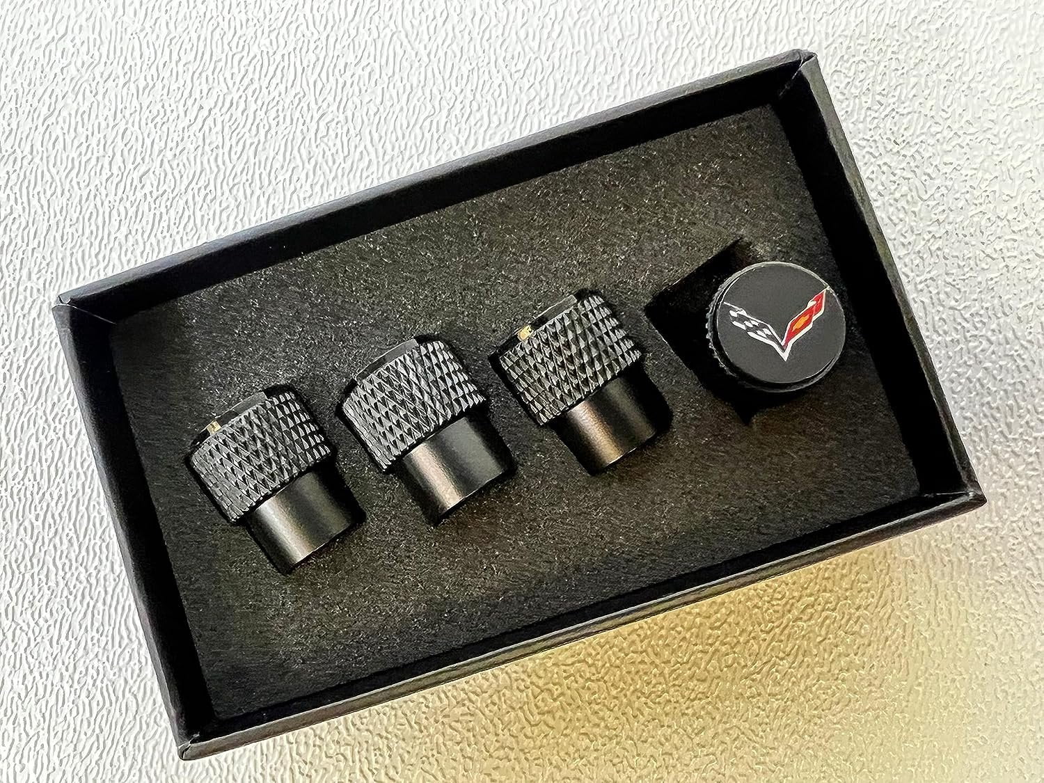 Eurosport Corvette C7 Logo Black Valve Stem Caps - Knurled