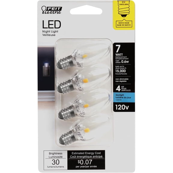 C7 Indoor LED Night Light Bulbs, 7W Equivalent, 30 Lumens, 5000K Daylight, E12 Cadelabra Base, 15,000-Hour Long-Life LED Night Light Replacements, BP7C7/850/LED/4, 4 Pack