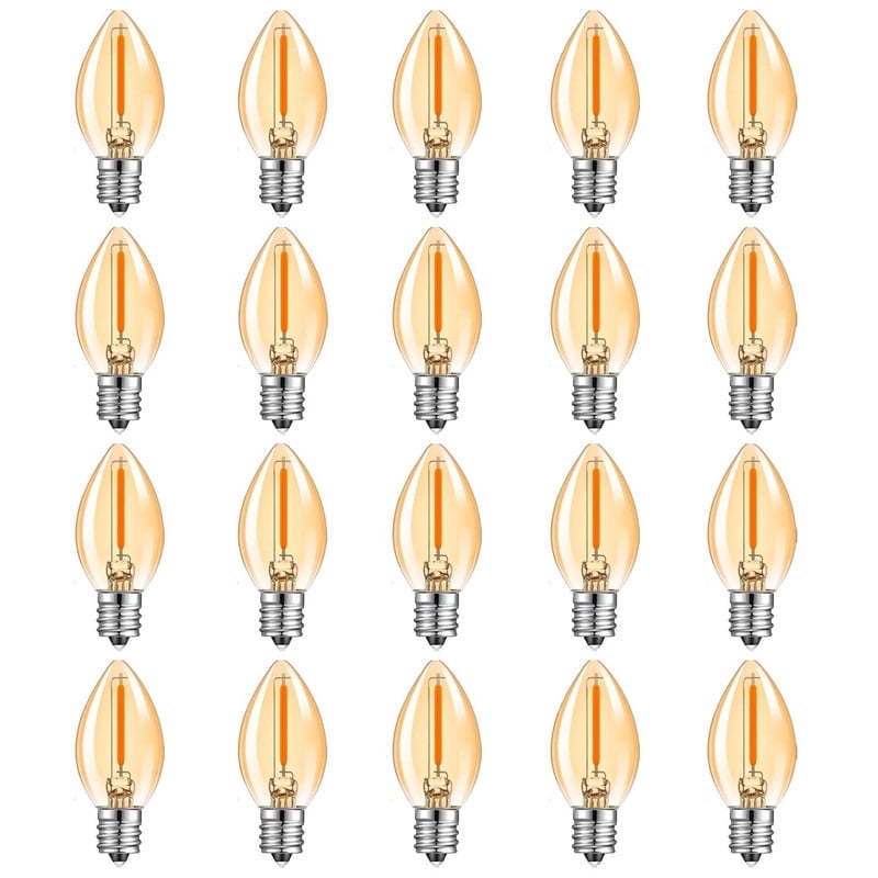 C7 LED Bulbs 0.5W, Amber Glow Night Lights, 2200K Warm Light, E12 Base, 5W Equivalent, Vintage Filament, Non-Dimmable 20Pack