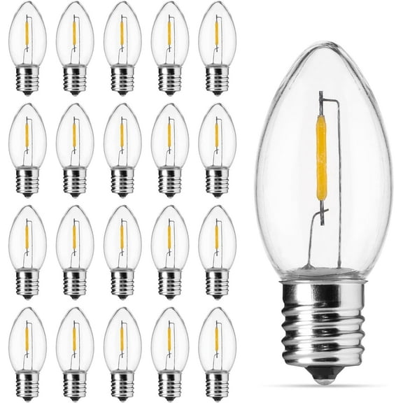 C7 LED Christmas Light Bulb, Clear Vintage Replacement Bulbs for Outdoor Indoor String Lights, Commercial Grade Holiday LED Night Light Bulbs, Warm White, C7 E12 Candelabra Base, 0.5W, 25 Pack