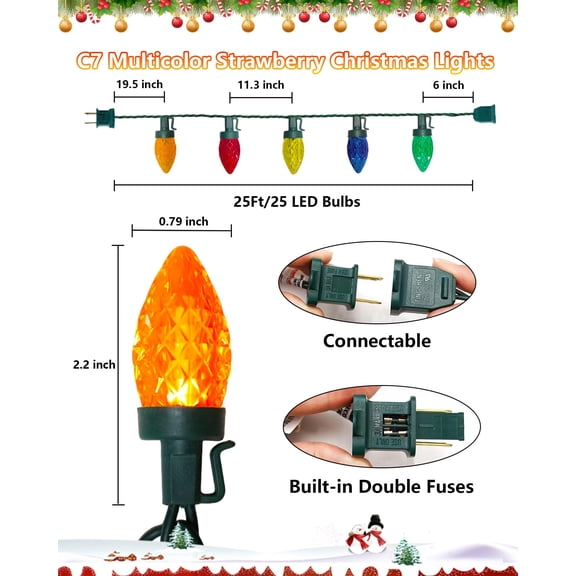 C7 LED Christmas Lights Outdoor 25FT 25 Colored Shatterproof Strawberry Light String