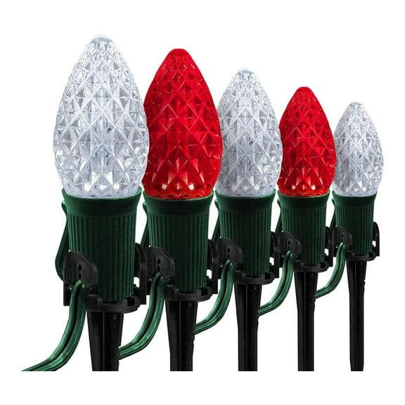 C7 LED Christmas Pathway Lights - 50ft Red & White - OptiCore Outdoor Holiday Decor - 5" Stakes - Green Wire