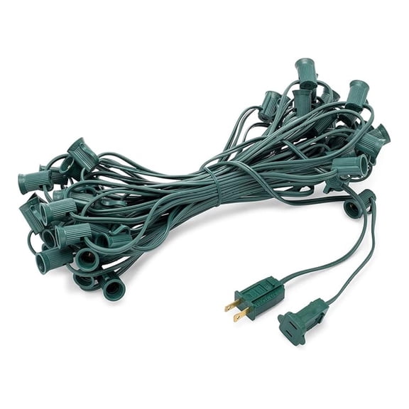 C7 Light Strings | 50' Green Cord with 12" Socket Spacing, E12 Light Stringer for C7 Christmas Lights