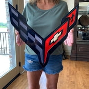 C8 Corvette BLACK Crossed Flag Wall Emblem Large Metal Art Full 20 by 19 2020 +Later