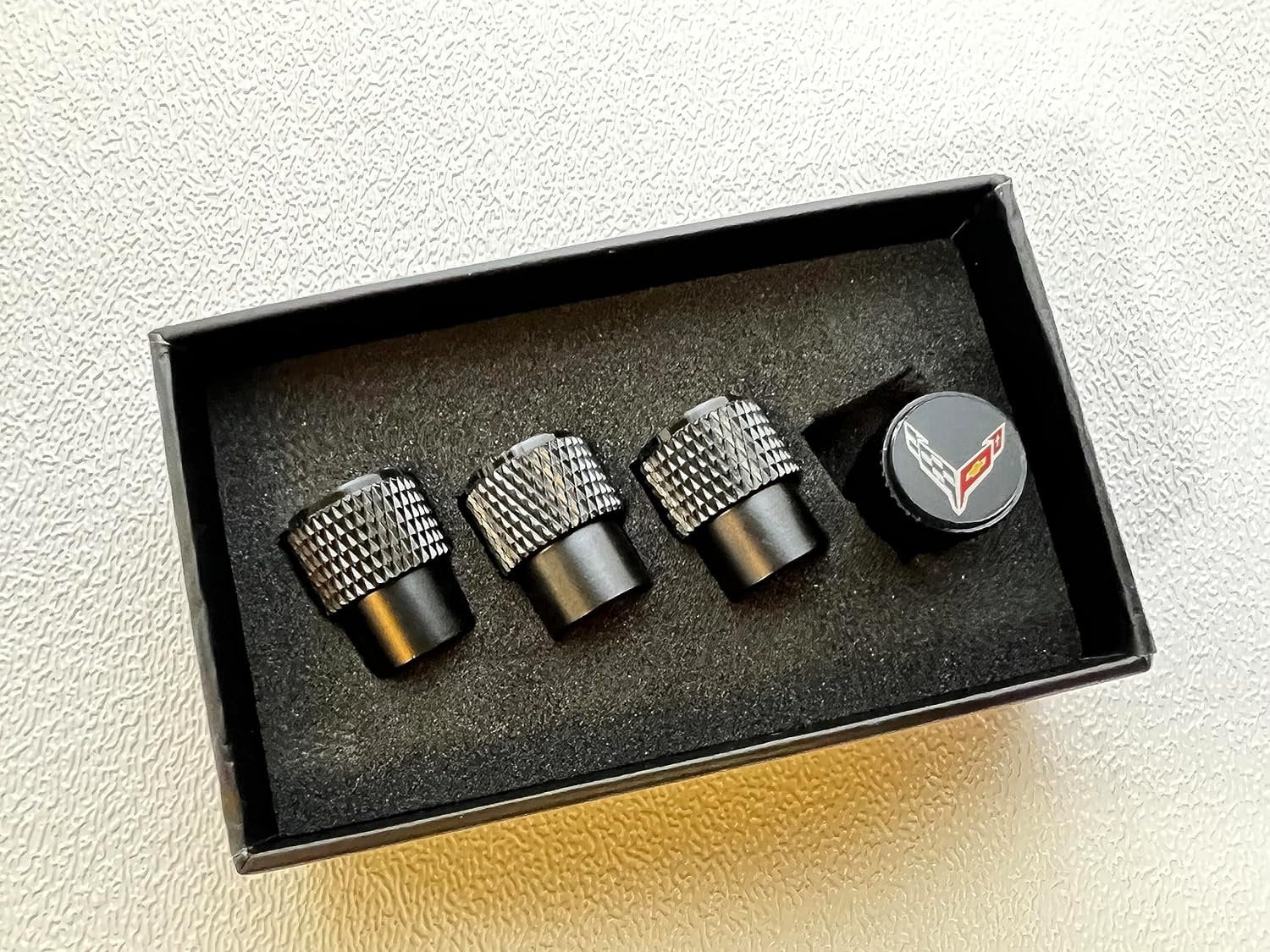 Eurosport Corvette C8 Logo Black Valve Stem Caps - Knurled