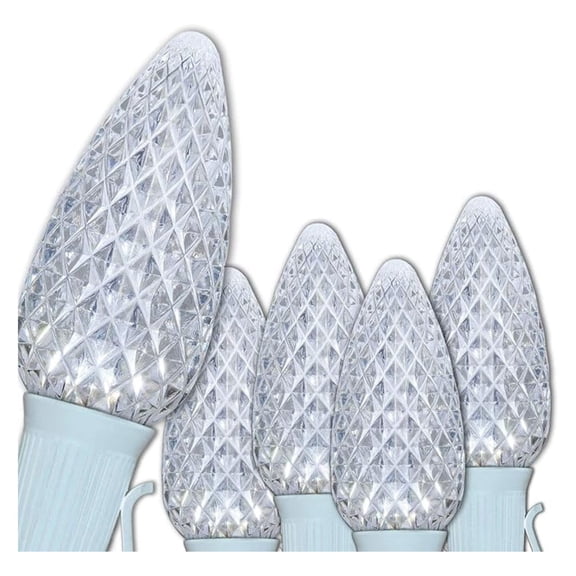 C9 Cool White LED Christmas Lights - 25ft Outdoor String Lights; Heavy Duty Holiday Decor; Wedding Lights; White Wire; Steady On - 25 Bulbs