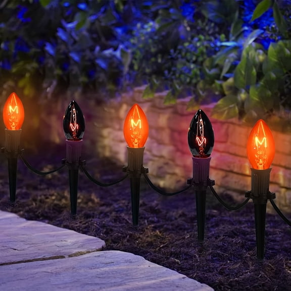 C9 Halloween Pathway Lights Outdoor, 19.5Ft Orange & Purple C9 Stake Lights with 10 Bulbs, Plug-in Waterproof Walkway Lights for Yard Lawn Garden Driveway, Halloween Christmas Holiday Decorations