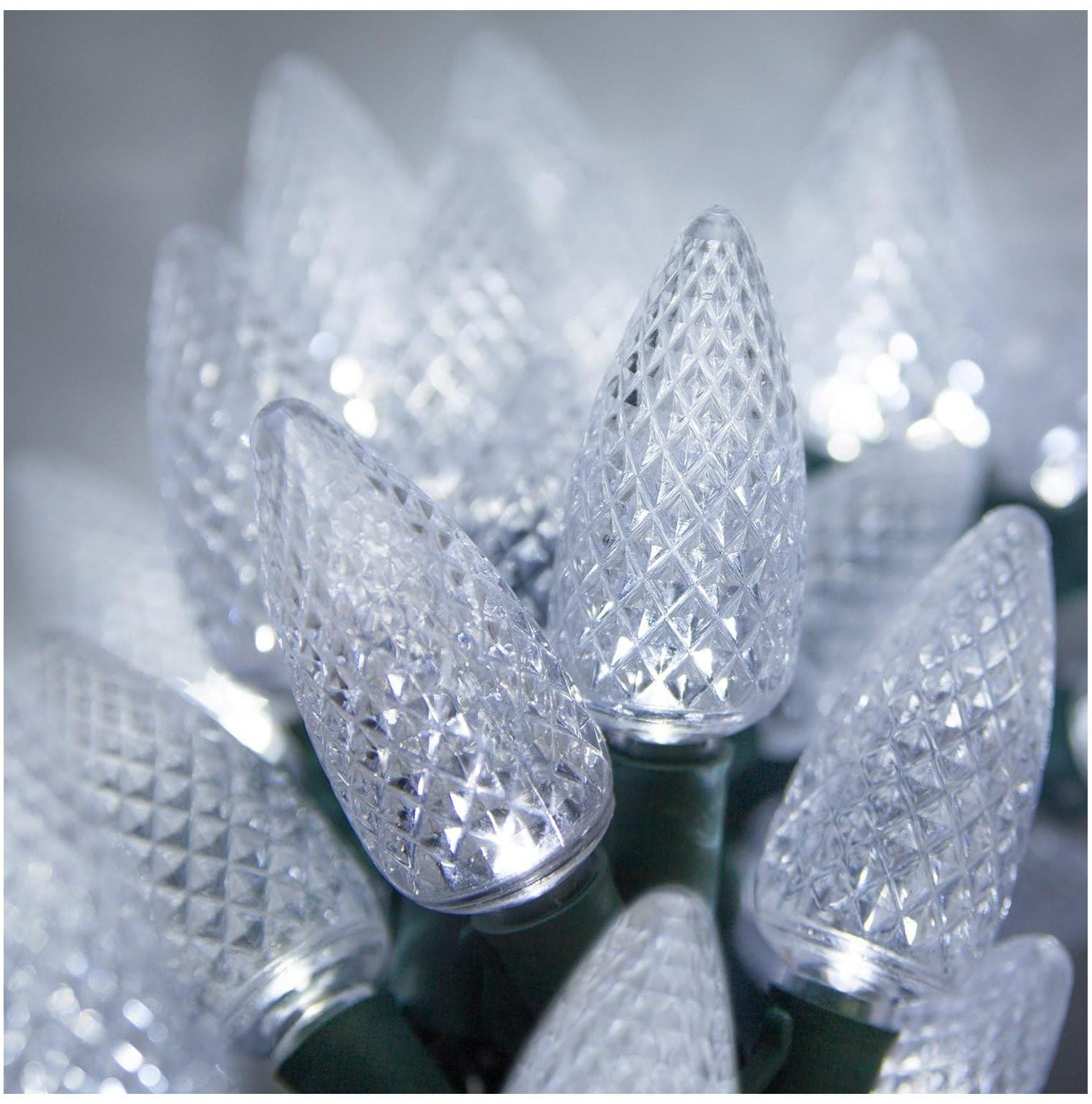 C9 LED Faceted Cool White Prelamped Light Set, Green Wire 25 C9 Cool