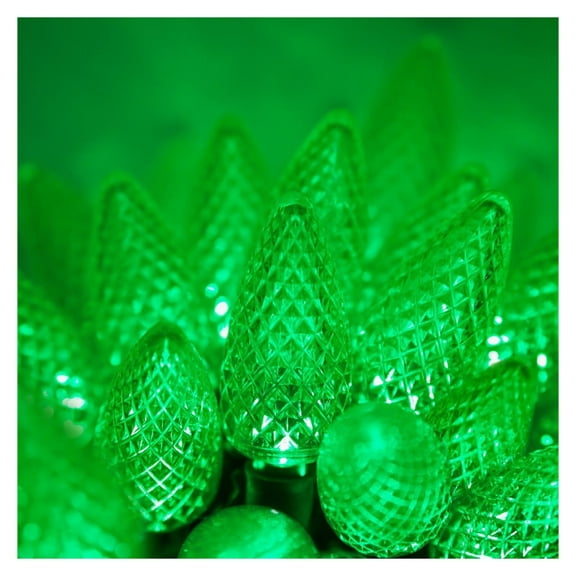 C9 LED Faceted Green Prelamped Light Set, Green Wire - 25 C9 Green LED Christmas Lights, 8" Spacing