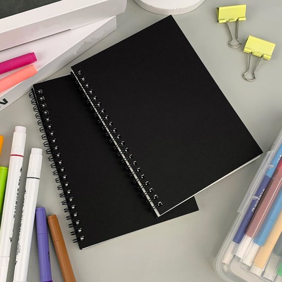 CA Blank Spiral Notebook, 2-Pack, Soft Cover, Sketch book, 100 Pages / 50 Sheets, 7.5 inch x 5.1 inch, 100GSM, (Black)