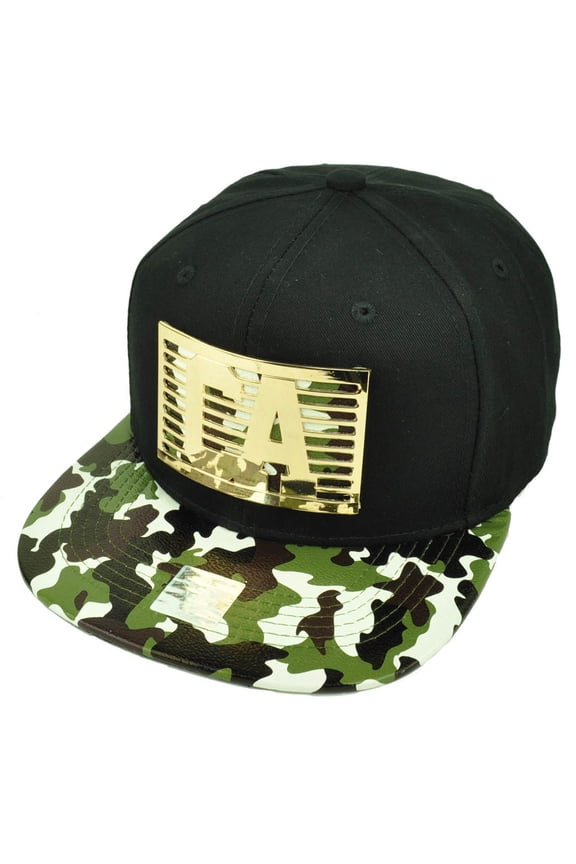 CA California Metal Emblem Gold State Camouflage Flat Bill Hat Cap Black Cali