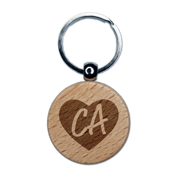 CA California State in Heart Round Keychain Charm Tag - Engraved Wood