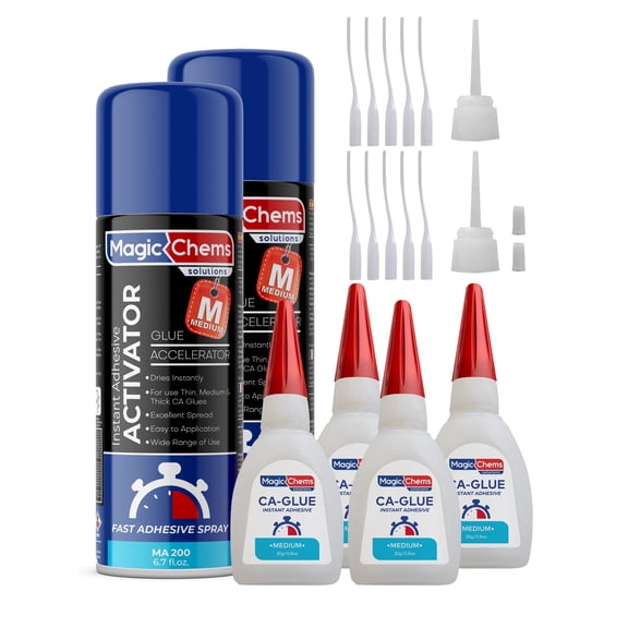 CA Glue with Activator Kit (4 x 0.8 oz Glue + 2 x 6.7 fl oz Activator), Cyanoacrylate Adhesive for 3D Printing & Acrylic, Strong Bond Super Glue Accelerator Set (2 Pack)