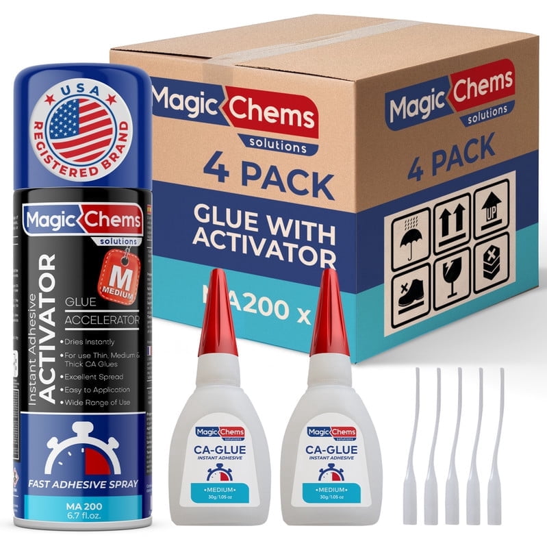 CA Glue with Activator Kit (8 x 0.8 oz Glue + 4 x 6.7 fl oz Activator), Cyanoacrylate Adhesive for 3D Printing & Acrylic, Strong Bond Super Glue Accelerator Set (4 Pack)