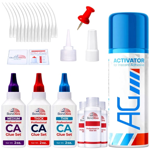 CA Glue with Activator Kit & Super Glue Accelerator 6.76 fl oz (3 x 2 oz Net Weight: Thin, Medium & Thick) Professional Wood Glue for Woodworking, 3D Printing, Ceramic & DIY