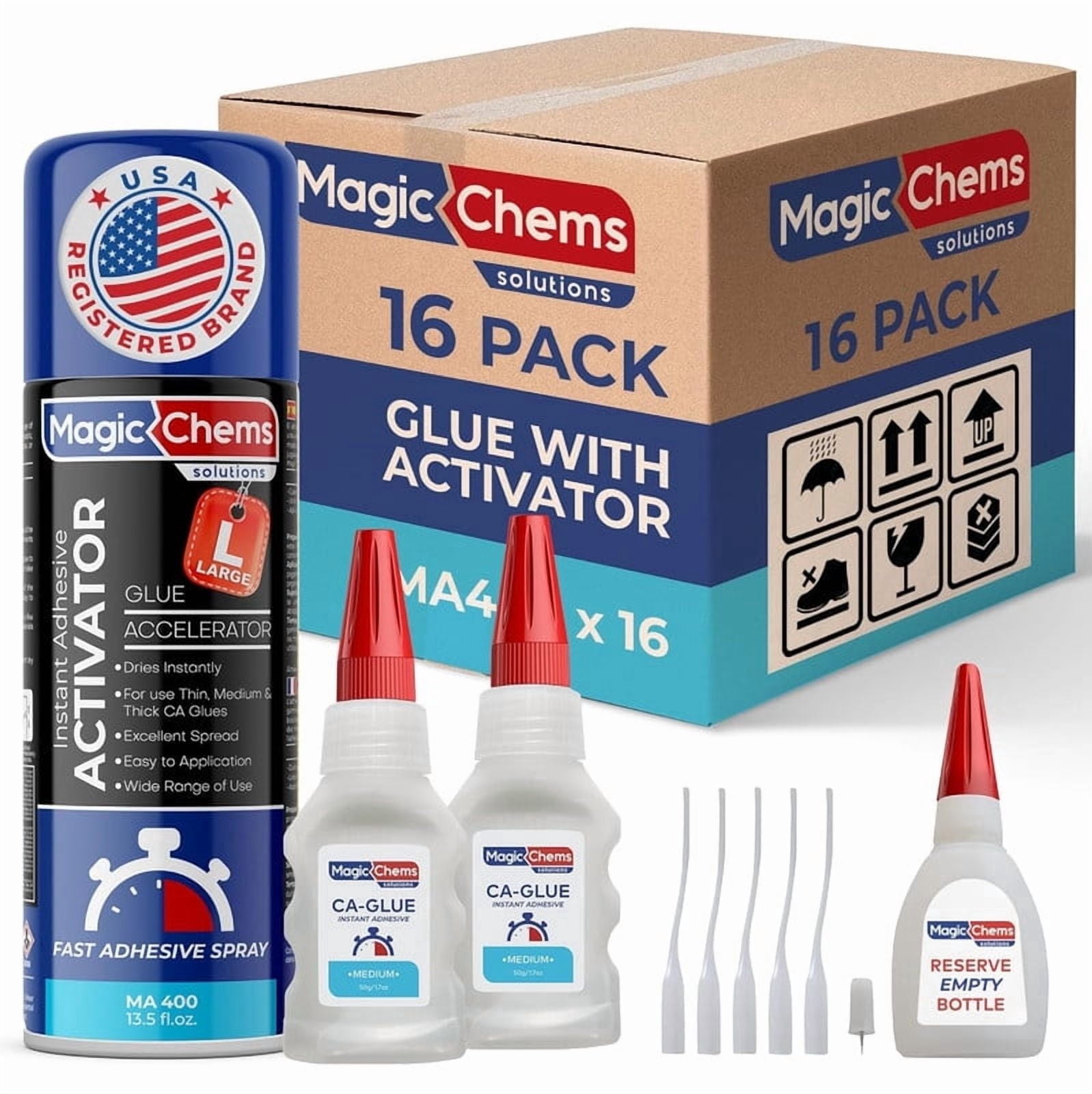 CA Glue with Activator (32 x 1.7 oz + 16 x 13.5 fl oz), Cyanoacrylate Glue and Activator, Super Glue with Activator, CAGlue and Accelerator (16 Pack)
