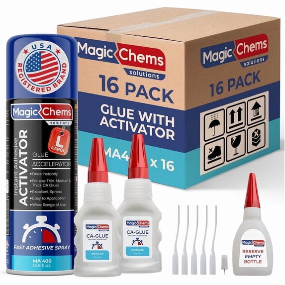CA Glue with Activator (32 x 1.7 oz + 16 x 13.5 fl oz), Cyanoacrylate Glue and Activator, Super Glue with Activator, CAGlue and Accelerator (16 Pack)