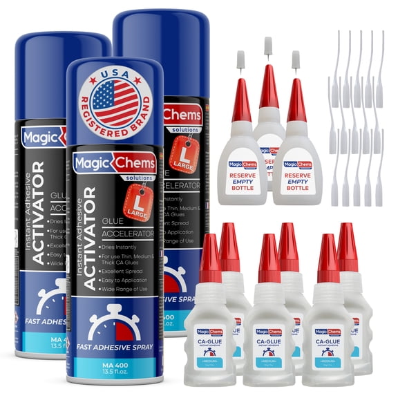 CA Glue with Activator (6 x 1.7 oz + 3 x 13.5 fl oz), Cyanoacrylate Glue and Activator, Super Glue with Activator, CAGlue and Accelerator (3 Pack)